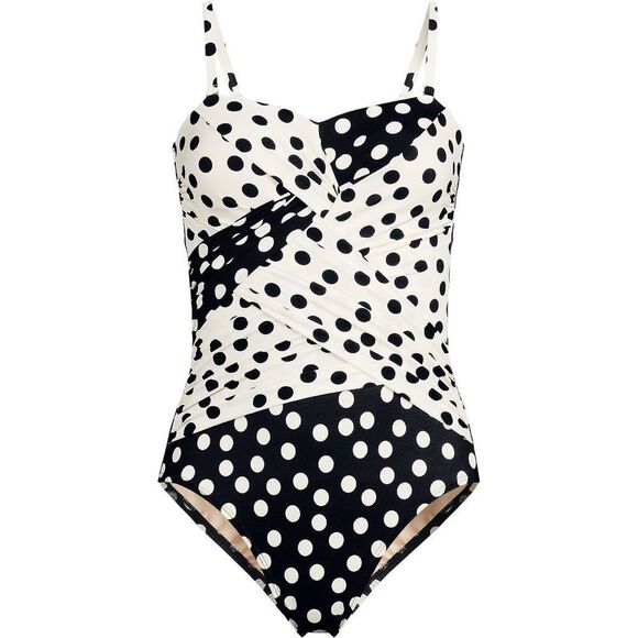 Land's End one piece swimsuit Bandeau slender suit black egret tossed dots Var - Picture 5 of 7